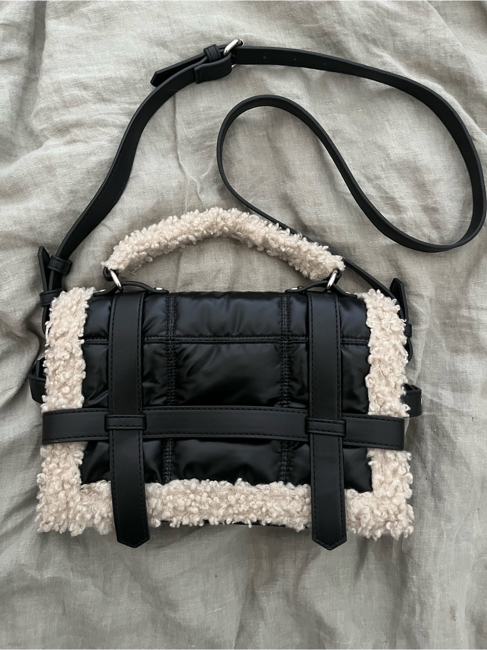 Zara Fleece Trim Sherpa black puffer purse handbag